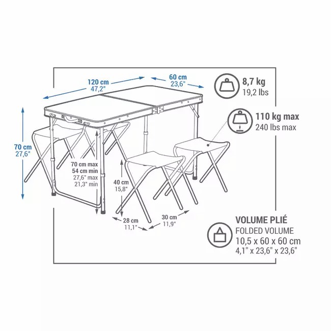 FOLDING CAMPING TABLE - 4 STOOLS - 4 / 6 PERSON QUECHUA